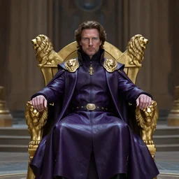 Cinematic distant view of subject on a throne, Christopher Walken as Emperor Shaddam IV with blue-eyes-blue-sclera, in Dune, wearing ornate Tyrian-purple regal leather uniform, with two golden-lion-lapels on uniform, sitting on a golden throne with arm-rests shaped like lions in profile, inside a futuristic neo-Baroque hall, subdued colors, highly detailed, dark atmospheric lighting