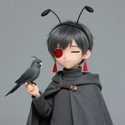 1 boy animal animal _ on _ hand antenna _ hair bird bird _ on _ hand cloak closed _ mouth earrings grey _ background grey _ cloak grey _ hair hairband half - closed _ eyes huge _ antenna _ hair jewelry looking _ at _ viewer male _ focus red _ eyes red _ hairband sample _ watermark simple _ background smile solo tassel tassel _ earrings turtleneck