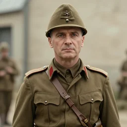 promotional image of Louis de Funès as an army soldier in 1917 (2019 film), detailed face, movie still, promotional image, imax 70 mm footage