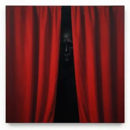 behind red curtains, dark soul, sad, dystopian, capitalism, behind the scene, by rokas aleliunas and zdzisław beksinski, vibrant colours, black and red, smooth, octane, trending on artstation, red color scheme