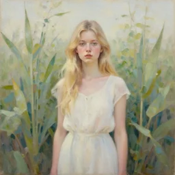 a portrait of a petite blonde woman surrounded by plants, oil painting, pale colors, high detail, 8 k, wide angle, trending on artstation,