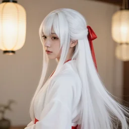 Portrait of a japanese young lady with a long white!!!!!!! long white hair and a red ribbon, Rim Lighting, Lantern, by Sergey Kolesov