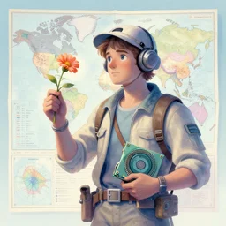 opalescent retrofuturistic digital airbrush illustration of an explorer holding a flower and a gpu with a map of the collective subconscious in the background by luigi patrignani