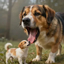 a digital painting of a very large dog eating a tiny dog, wide open drolling mouth, hyperealism, award winning, stunning, trending on art station, highly detailed, cinematic lighting, 8 k, hd