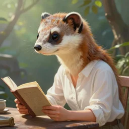 portrait painting of the head is a weasel, the body is a human female, wearing a white shirt, sitting on a table reading by wenjun lin, irakli nadar, bright colors, octopath traveler, wenjun lin, unreal engine 5 highly rendered, global illumination, radiant light, detailed and intricate environment