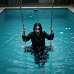 a scary figure swinging in the pool