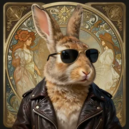a rabbit wearing sunglasses and a leather jacket, photography of kurzgesagt, deep focus, d & d, fantasy, intricate, elegant, highly detailed, digital painting, artstation, concept art, matte, sharp focus, illustration, hearthstone, art by artgerm and greg rutkowski and alphonse mucha