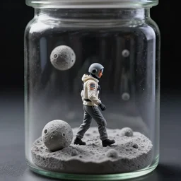 a tiny realistic walking on the moon inside a glass jar only. sharp focus, photography, unreal engine, trending on artstation, photorealistic, octane, trending on deviantart, unreal engine