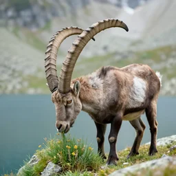 ibex eating edelweiss on a mountain lake