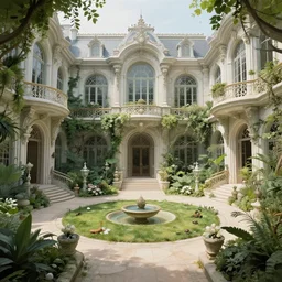 a luxurious scifi futuristic victorian garden courtyard by robert mccall, killian eng, moebius, philippe druillet