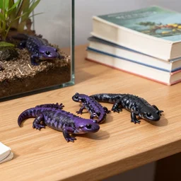 terrarium with purple and black salamanders on an oak desk, stack of books on the desk, photo realistic, high detail, sharp focus