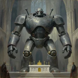 brutalist giant fascist robots at an altar, cathedral, dystopian, pj crook, edward hopper, oil on canvas