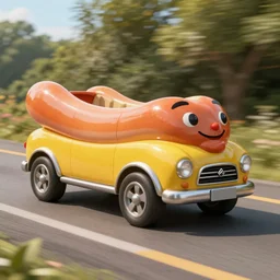 a hotdog SUV riding a mustard road