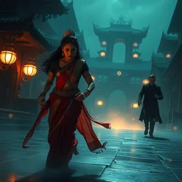wide angle of, a bad guy chasing after a woman wearing sari : 6 character design : 2 midnight, illusion, stunning, breathtaking, majestic, asian fantasy, digital render, line art, unreal engine, de - noise, 8 k, volumetric lighting, symmetrical, pronounced features, detailed contrast, scattered mist, glow 3 d alejandro alvarez alena aenami