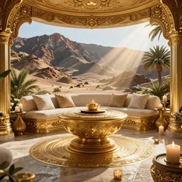 surreal hyper luxury spa with intricate golden details with view to arid mountains and palm forest, god rays, light ray beam, candles, ultra detailed, photorealism, sharp focus, volumetric light, global illumination