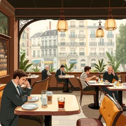 beautiful illustration of a french coffee and brasserie in paris, relax, enjoy, by ( victo ngai ), by jesper ejsing, by james jean, by rossdraws, ( frank franzzeta ), mcbess