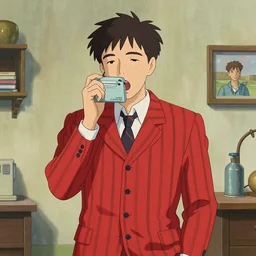 artwork by Michael Whelan, Bob Larkin and Tomer Hanuka, of a solo individual portrait of Joseph Gordon-Levitt wearing a 1920s red striped outfit, dapper, he's a singing telegram, from scene from Twin Peaks, simple illustration, domestic, nostalgic, from scene from Twin Peaks, clean,  full of details, by Makoto Shinkai and thomas kinkade, Matte painting, trending on artstation and unreal engine