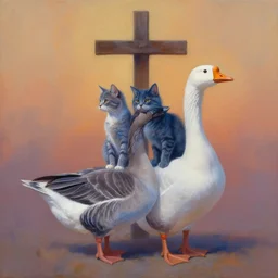 painting of cross between cat & goose, combination animal, intercrossed animal, by corine perier, by ellen jewett, by ronald ong, by arne olav gurvin fredriksen cold hue's, warm tone gradient background, beautiful composition, digital painting