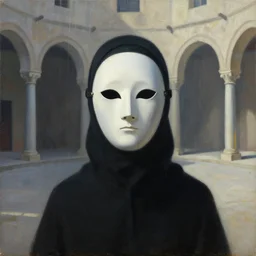 portrait of a sentinel with piercing eyes in a mask, romanesque courtyard, morning light, chiaroscuro, atmospheric, cascading light, minimalist, lowbrow, pop surrealism, avery palmer, grant wood, pj crook, oil on canvas