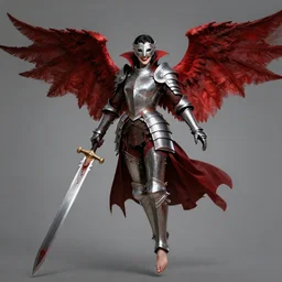 full - body portrait of female vampire knight, flying, barefoot, heavy armor, plate armor, carnival mask, giant two - handed sword dripping blood, red wings, grinning, barefeet, detailed, realistic.