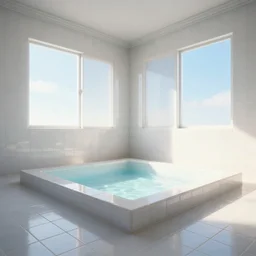 Dream Pool in rooms of white ceramic tile, sunlight coming in from windows with a blue sky, environment unreal engine, low level, 4K UHD image, octane render,