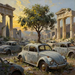 a tree growing on a scrap vw beetle in ancient greek ruins, gray wasteland, many scrap cars, overgrown, pillars and arches, vines, hyperrealistic, highly detailed, cinematic, ray of golden sunlight, beautiful, cgsociety, artstation, 8 k, oil painting by greg rutkowski, by artgerm, by wlop