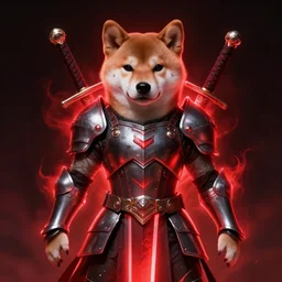 anthropomorphic shiba inu, berserk anime guts armor and two hand guts sword, red light aura, fantasy, dark, portrait art by donato giancola and greg rutkowski, realistic face, visible aura, digital art, trending on artstation, symmetry