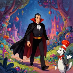 Dracula traveling through a beautiful psychedelic world, illustrated by Greg Rutkowski and dr seuss, masterpiece, vivid colors, trending on artstation