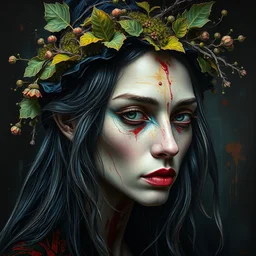 a portrait of beautiful witch by irakli nadar with intricate detailed color smashing fluid oil paint and acrylic, moss and leaves headdress, melting wax, mycelia, abstract impressionism, ruan jia, dark fantasy, hyper detailed, concept art, by gustav klimt, by sue bryce, moody lighting, black background