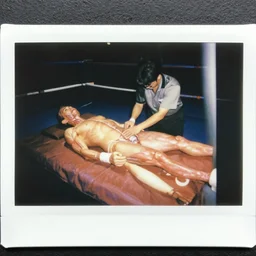 polaroid photo of human dissected bodies on a boxing match, human anatomy, gross anatomy, dissection