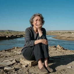65-year-old tree-woman crying one single tear, facing the camera and sitting on a dried up river in a desolate land, blue sky, hot and sunny, highly-detailed, elegant, dramatic lighting, artstation, 4k, cinematic landscape, color photograph