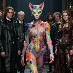 a fashion editorial of brie larson as a brightly colored alien cat hybrid super hero vampire with wet mutated scaled skin. wearing a infected transparant organic catsuit. by tom bagshaw, donato giancola, hans holbein, walton ford, gaston bussiere, peter mohrbacher, brian froud and iris van herpen. 8 k, cgsociety
