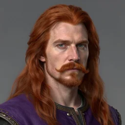 half - length portrait of a 6 0 - year - old human male noble with long red hair, mustache and soul patch, no beard, purple clothes, medieval setting, detailed face, highly detailed, artstation, concept art, sharp focus, by greg rutkowski, craig mullins, artgerm