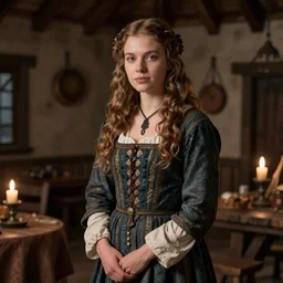 young attractive beautiful scandinavian woman wearing 1 8 th century stay in a medieval tavern at night with candles, wow 4 k detail fantasy, matte painting, realistic materials, photo realistic, postprocessing, cinematic, hyperrealistic, studio lighting, ekaterina, the tudors, photography by richard jenkins