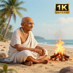 gandhi at the beach sitting on the sand next to a campfire with palm trees in the back, concept artwork, 3 d render, official art, promotional art, beautiful intricately detailed, 8 k,