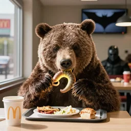 movie scene of bear eating breakfast in mcdonald's, worm lighting, sunny day, dark knight ( 2 0 0 8 )