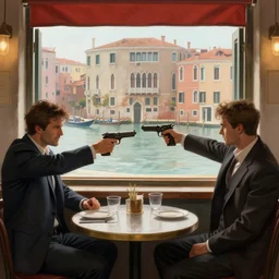two criminals in suits point a gun at each other in a cafe in venice, window overlooking venice canals, digital painting, amazing detail, artstation, in the style of greg rutkowski