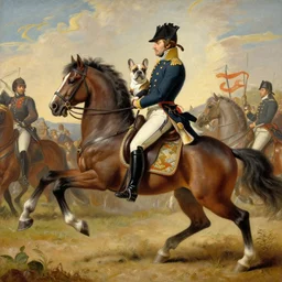 french bulldog riding horse in battle like napoleon, painted by saint - bernard