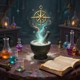 mysterous, table, wizards laboratory, greg rutkowski, mortar, pestle, magic powder, compass energy flowing, magic book, beakers of colored liquid, tony sart