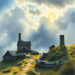 watercolor painting of rustic view, murals and ruins, scandinavian mythology, magical, ambient lighting, art by hans gude, art by hans dahl, by jesper ejsing, art by anders zorn, wonderful masterpiece by greg rutkowski, cinematic light, american romanticism by greg manchess, creation by tyler edlin, heavy clouds and sun