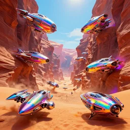 infinite desert canyon, rainbow metallic spaceships, dramatic bright neon colors, highly detailed, cinematic, synthwave, robert morello, vladimir kush, chris foss, roger dean, michael whelan, bruce pennington, lisa frank, bob eggleton, alfred kelsner, kubrick, wojtek suidmak