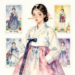 korean women's fashion witch, intricate watercolor tarot solarpunk portrait by tim doyle