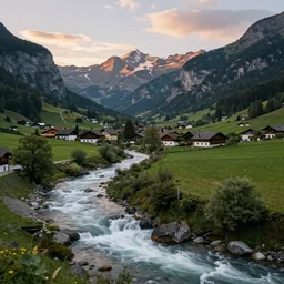beautiful valley with a river and villages between mountains, waterfalls flow from the mountains to the river, during dawn in austria, ultra realistic!!!, photograph, high detail, realistic colors, matte, wide angle, overview