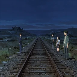 abandoned railway track leading to the end of the world, dystopic landscape at midnight with a clear night sky, detailed concept art illustration by akihiko yoshida and jean baptiste monge and makoto shinkai and wlop and and tsutomu nihei, 4 k artstation