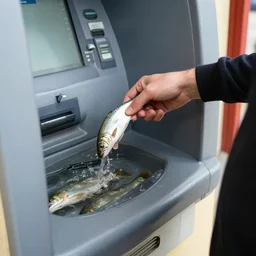 man withdrawing fish from an atm