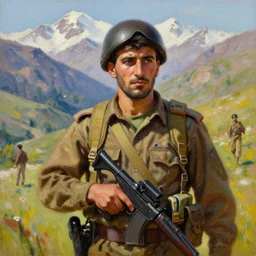 Intense vibrant film still of a Kurdish Peshmerga soldier in the Kurdish mountains, oil painting by John Singer Sargent, Adrian Smith, Greg Rutkowski, Trending on Artstation, incredible detail, photorealistic