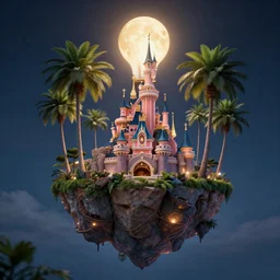 the disney castle surrounded by giant palm trees on a giant floating island in the sky at night, a huge light bulb above the island illuminates the island, cinematic, digital art by erik johansson, 8 k resolution, hyper detailed, hyper realistic, sharp focus, unreal engine 5
