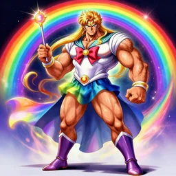 crossdressing magical man in anime style, colorful dress, transformation, transvestite, holding wands, illustration, very hairy, muscular, full body, workout, male, body builder, digital painting, artstation, simon stalenhag, epic, stunning, rainbows, sailor moon, hdr, highly detailed