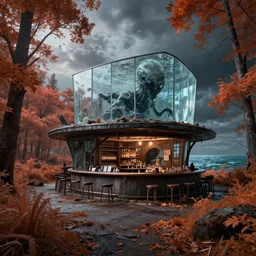 urbex by louis kahn, apocalyptic scumm bar liberty city nature mercury water evil made of glass alien cloudy night at night at fall bioshock hyperrealism morning sun matte painting sea at dusk vaporwave forest at dawn infrared, archdaily, wallpaper, highly detailed, trending on artstation.
