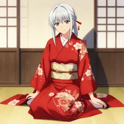 girl, silver hair, red kimono with flower patterns, sitting, detailed, looking to camera, full body shot, ilustration by Takehiko Inoue (and Krenz Cushart)